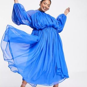 ASOS EDITION Gathered Neck Midi Dress in Bright Blue Size 6